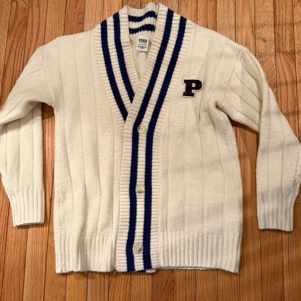 PINK Victoria's Secret Cream & Navy Tartan Letter Cardigan academia school girl
